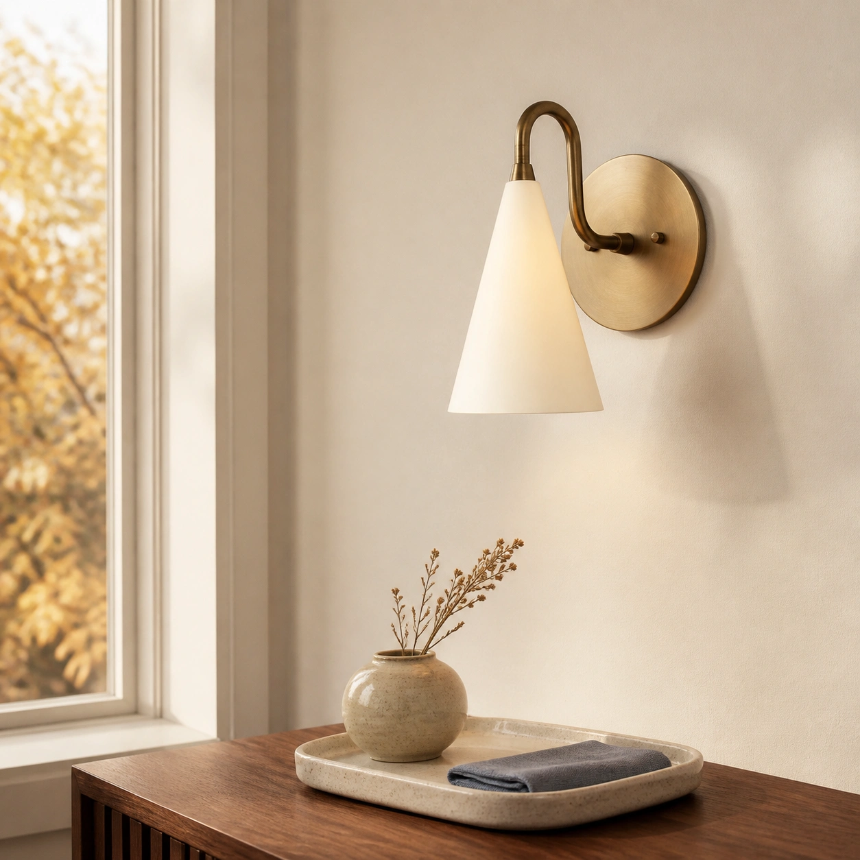 Cream and antique brass wall sconce beside a window with subtle autumn foliage