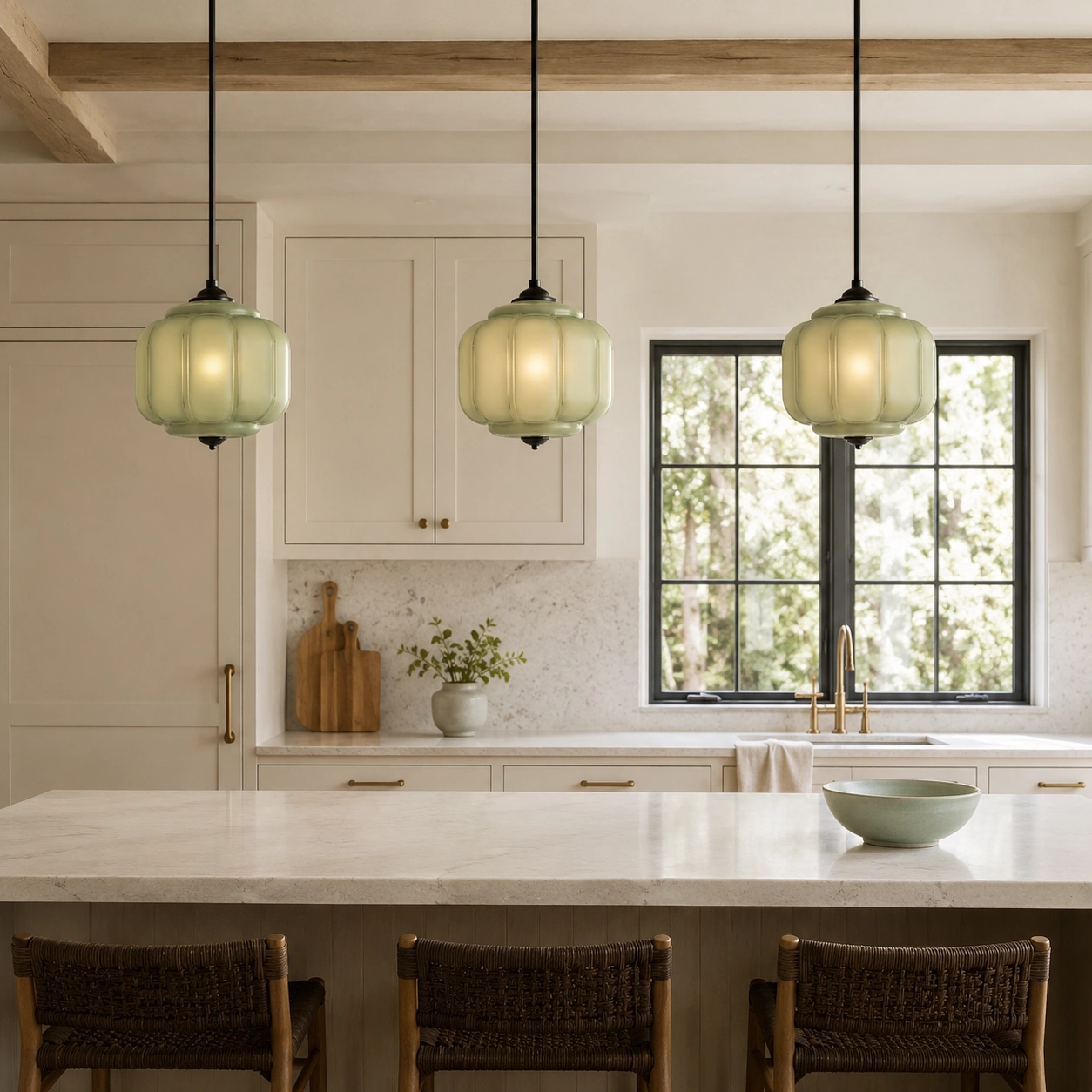 Three illuminated pale sage green pendants above a kitchen island