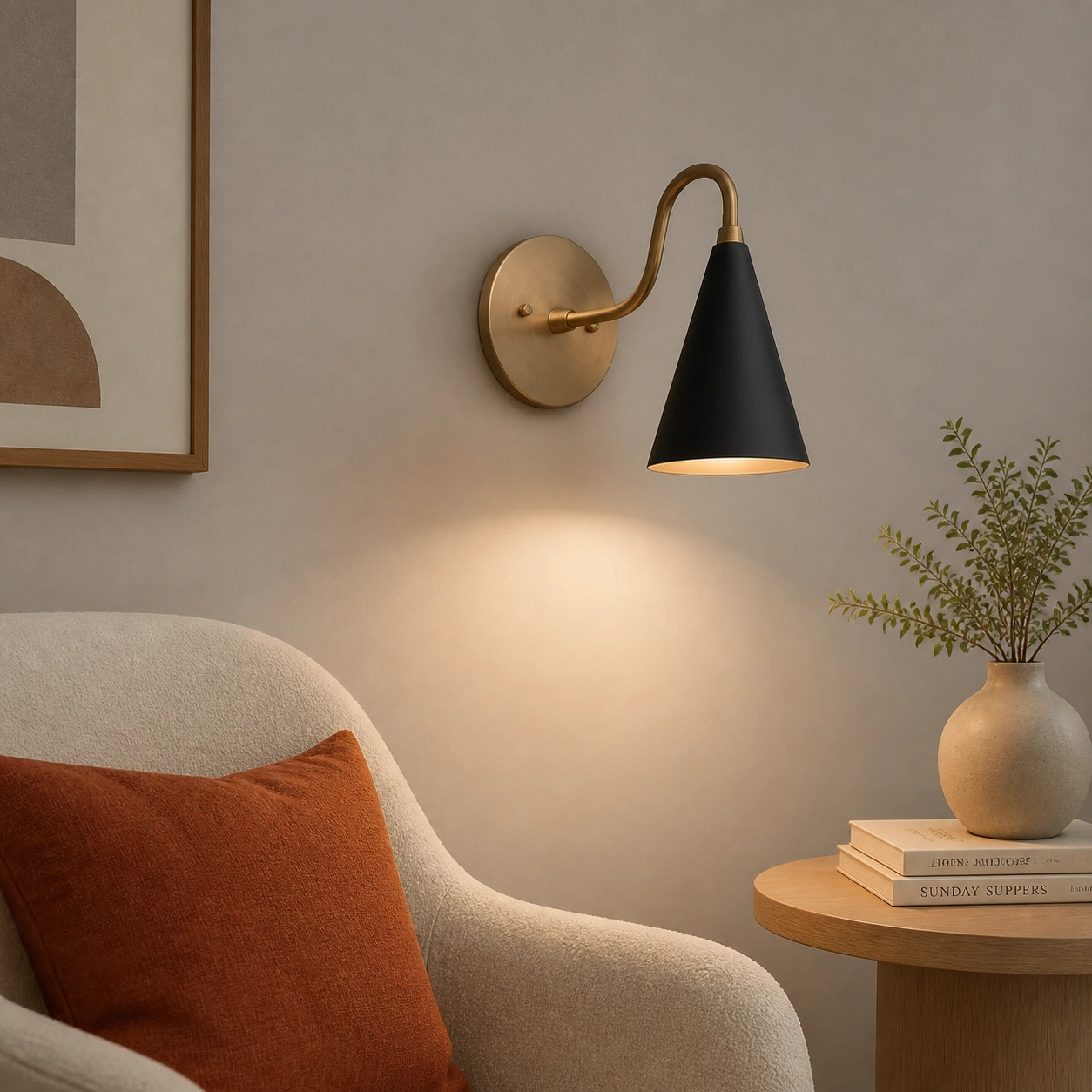 Black and antique brass sconce in a Nordic reading corner