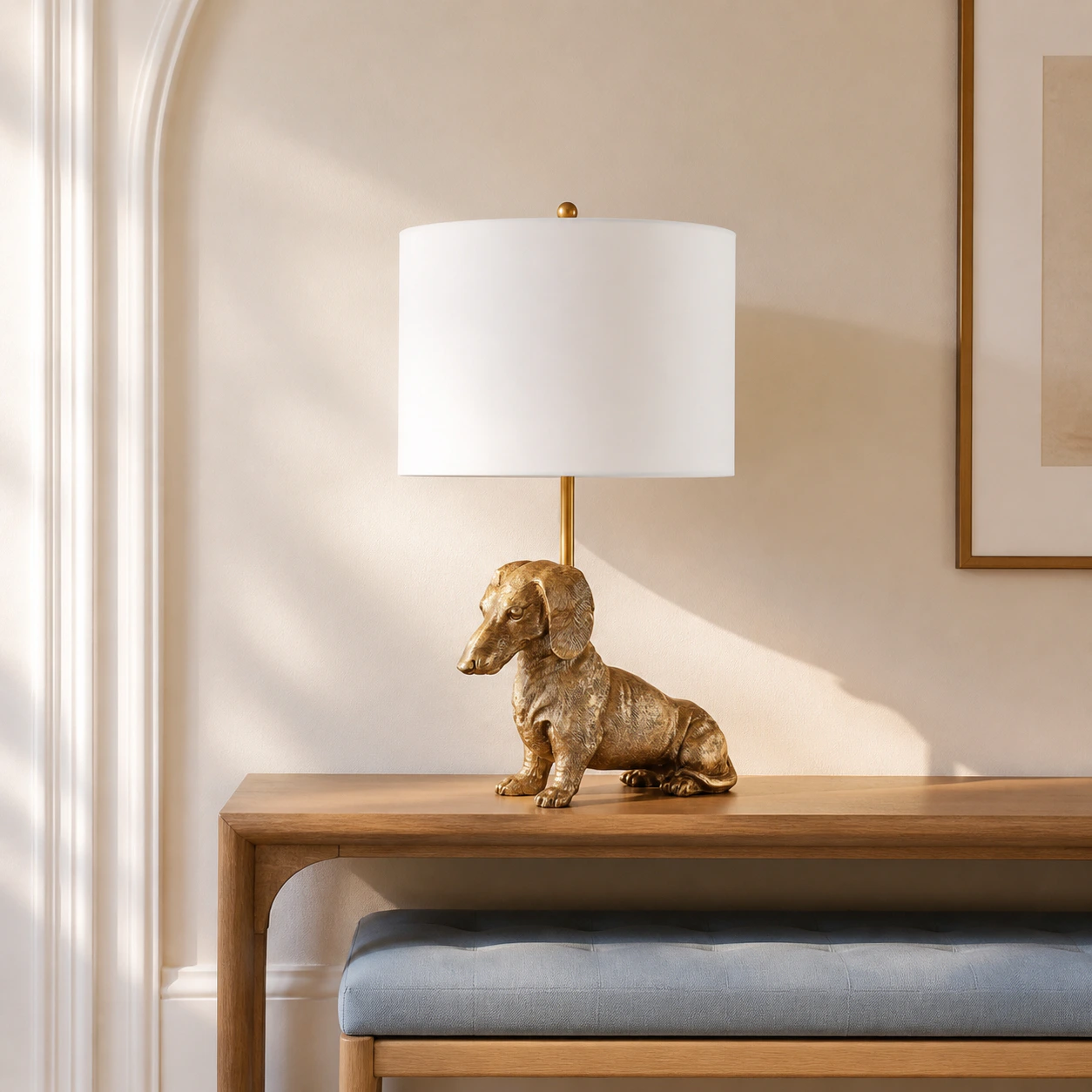 Eirik Dachshund lamp above an entry bench