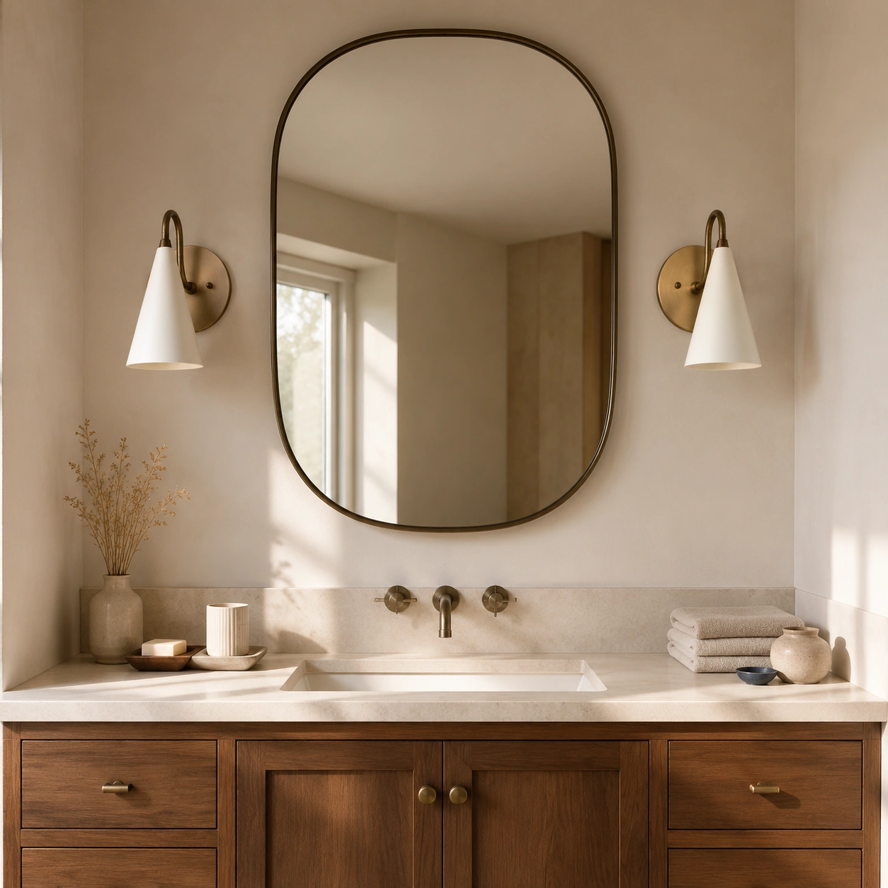 Pair of cream and antique brass sconces beside a bathroom mirror