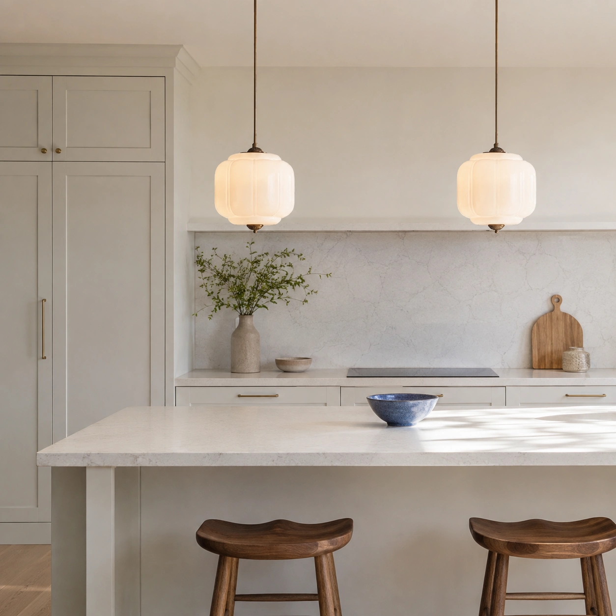 Two white milk glass pendants above a kitchen island