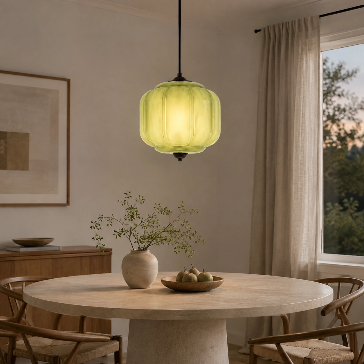 Pale sage green pendant illuminated with warm light