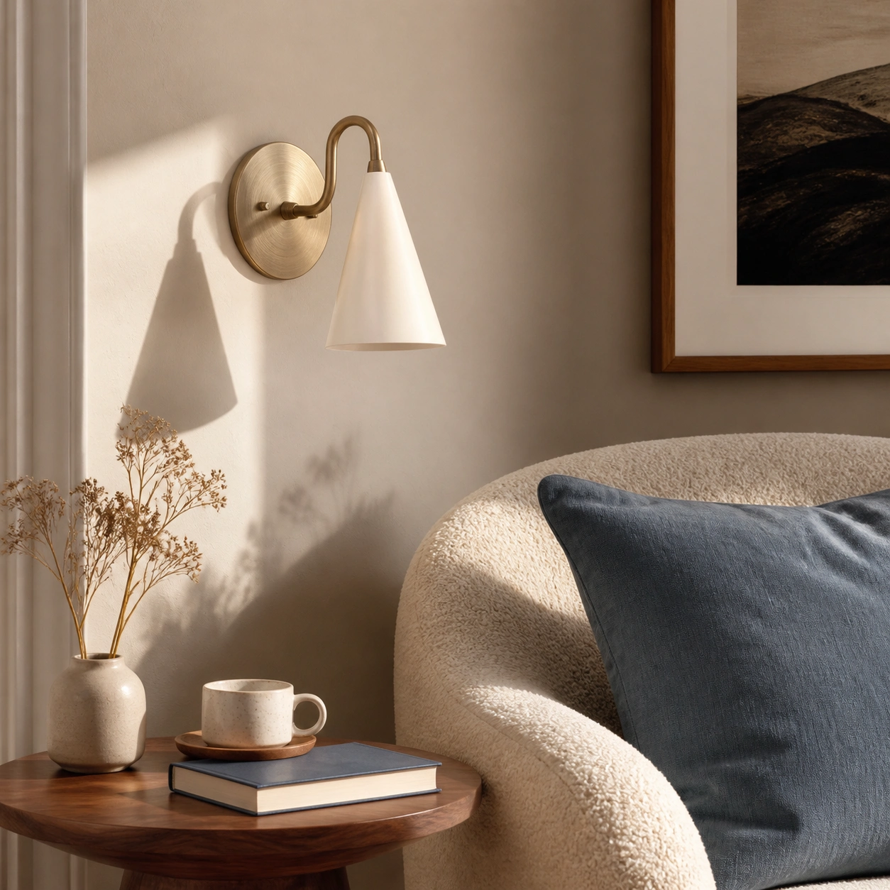 Wall sconce in a warm modern reading corner