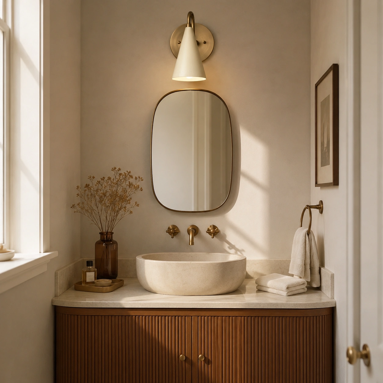 Wall sconce above a refined powder room vanity
