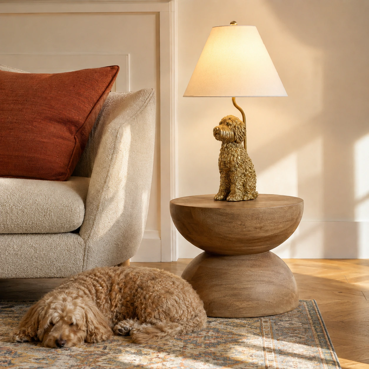 Illuminated Doodle lamp beside a sofa