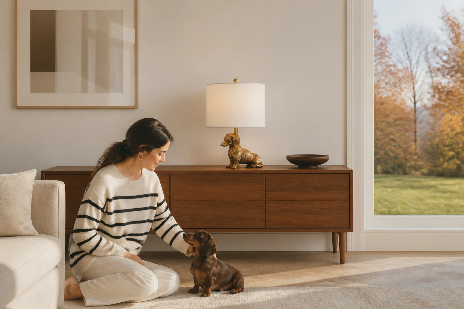 Illuminated Dachshund table lamp with a European dog owner and her dog