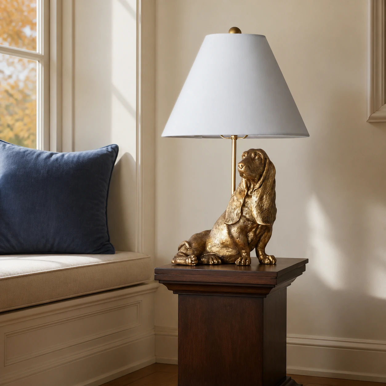 Hound sculptural lamp by a window seat