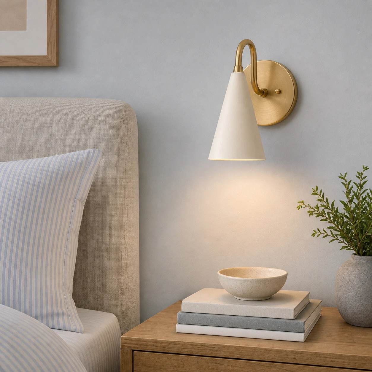 Cream and sealed brass sconce above a bedside cabinet