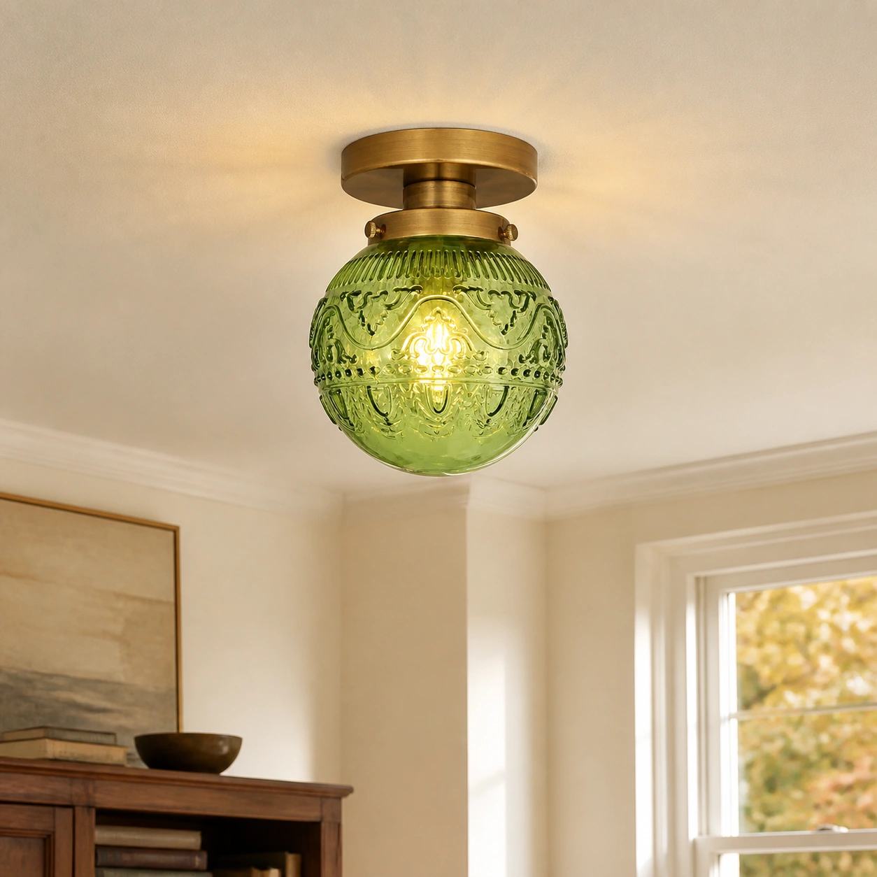 Lead scene, green glass and brass