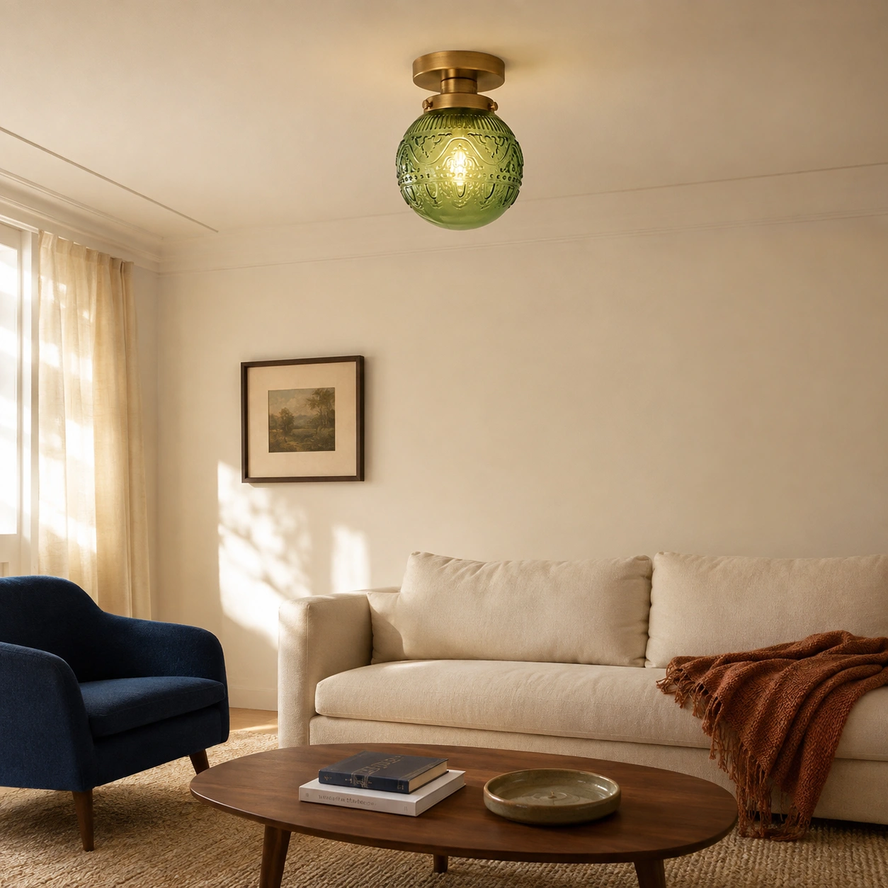 Lived-in living room, green glass and brass