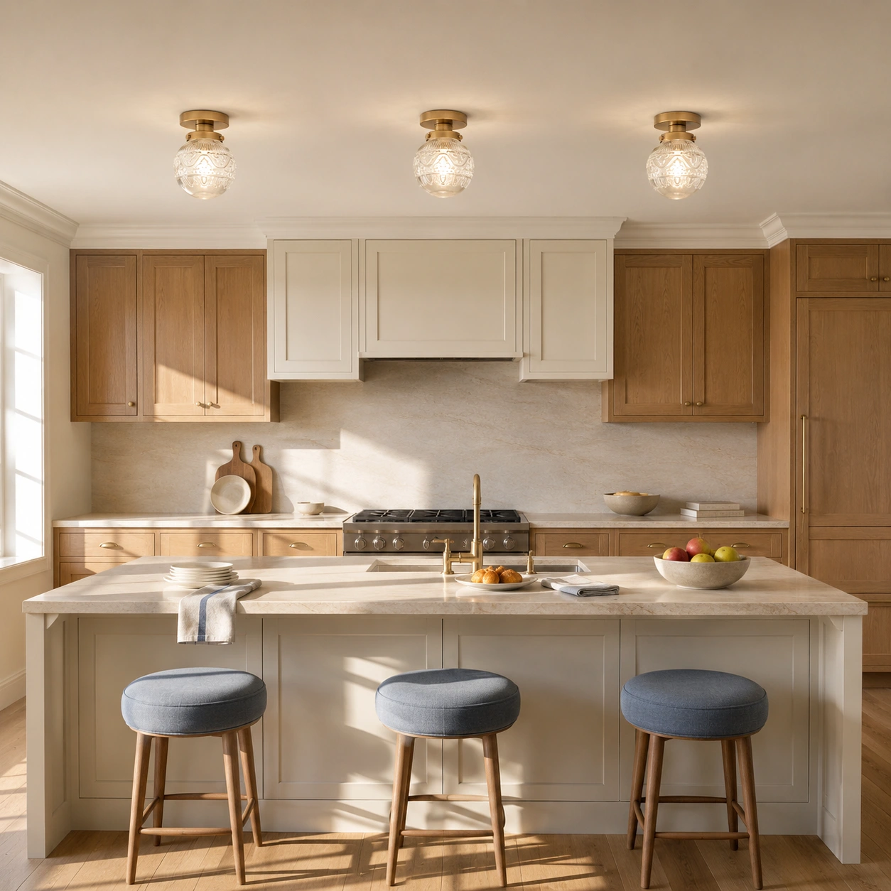 Open kitchen with three clear brass fixtures