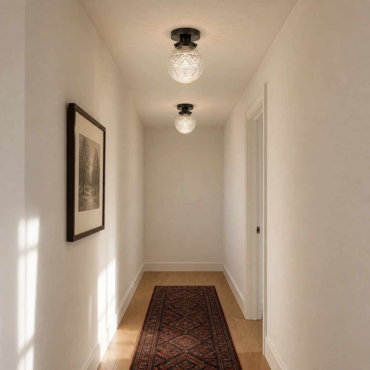 Corridor with two black fixtures
