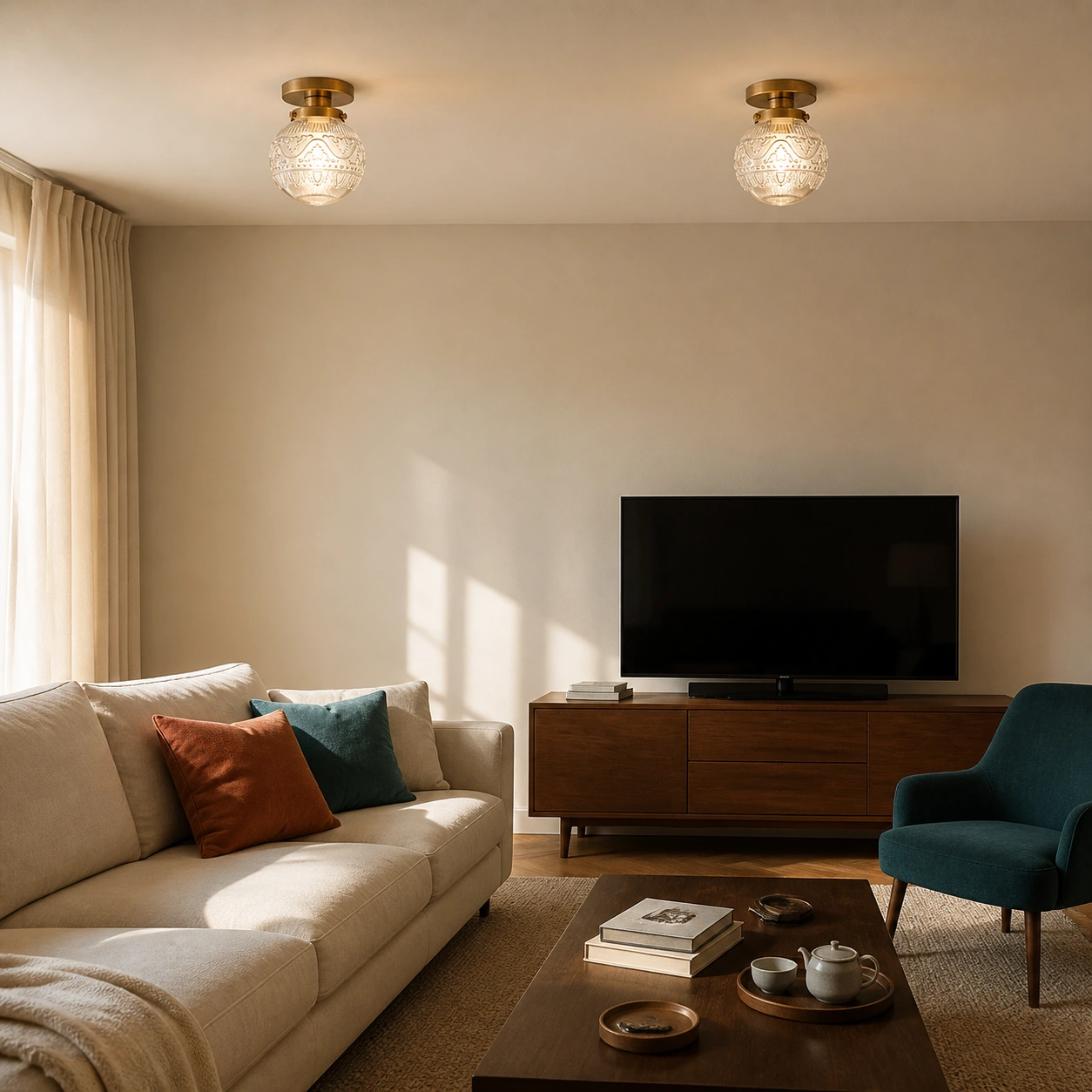Lived-in lounge with two clear brass fixtures