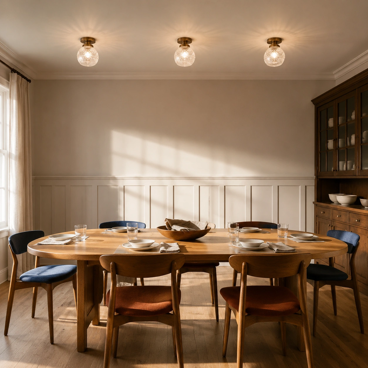 Family dining with three clear brass fixtures