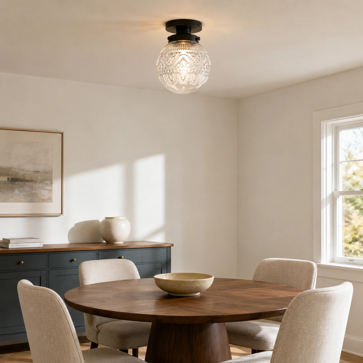 Small dining scene, clear glass and black