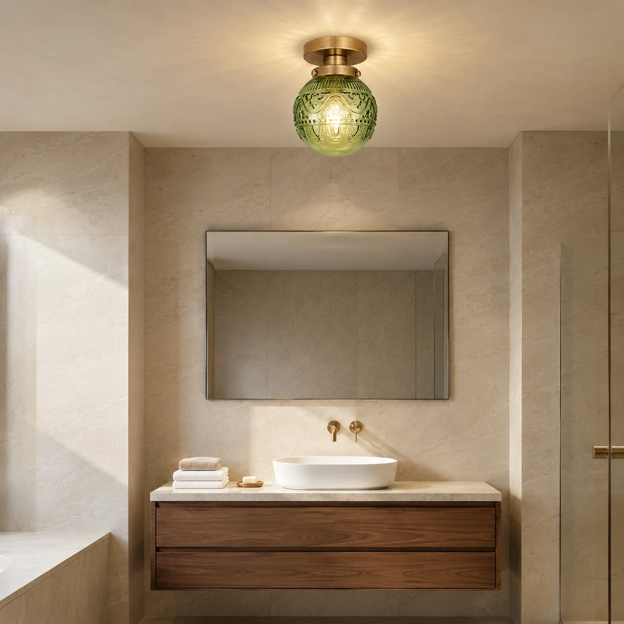 Bathroom scene, green glass and brass