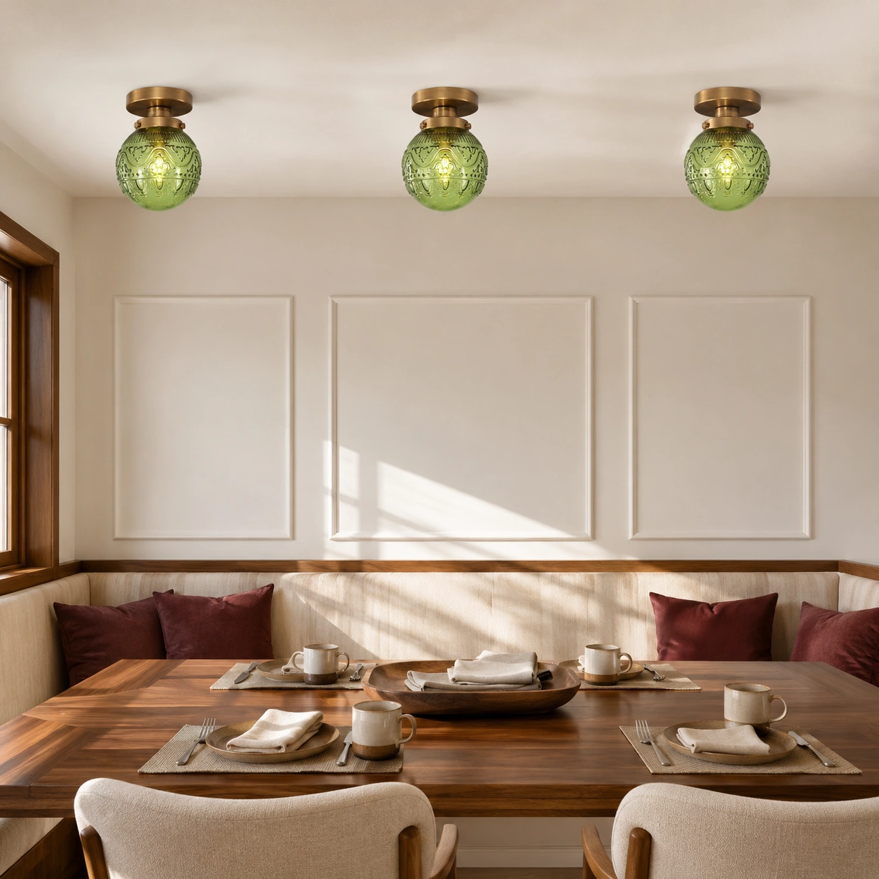 Banquette dining with three green fixtures