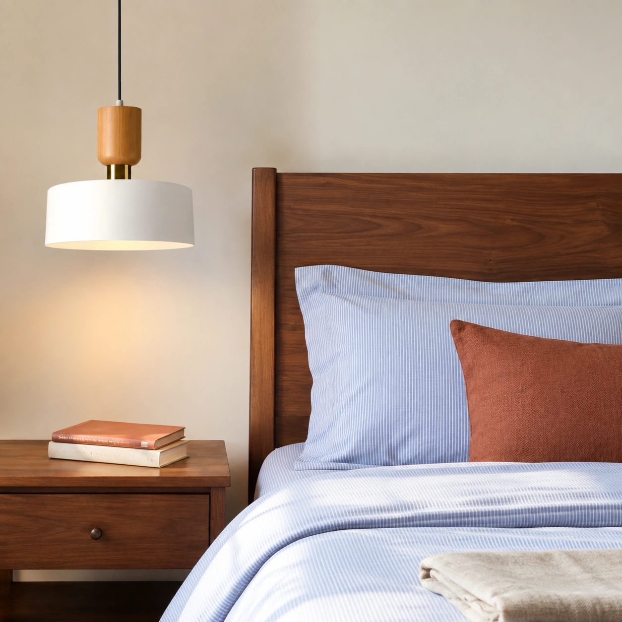 Blue striped bedroom bedside placement, Matte White 1 Layer