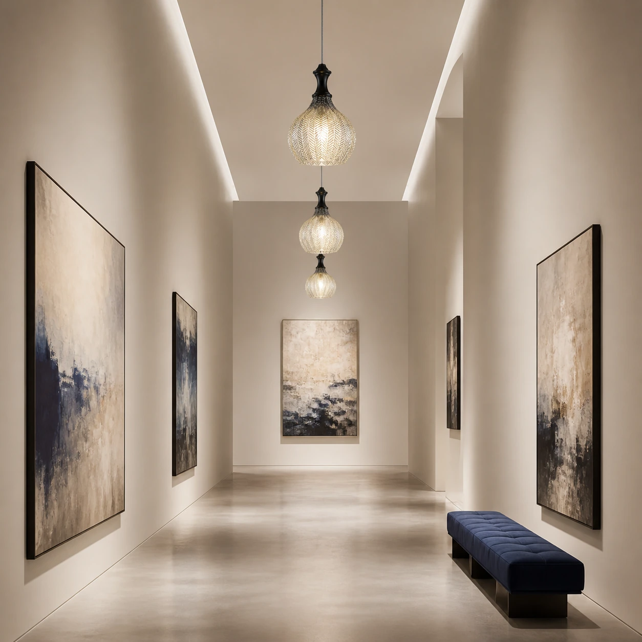 Benoit pendant lights in a modern gallery corridor