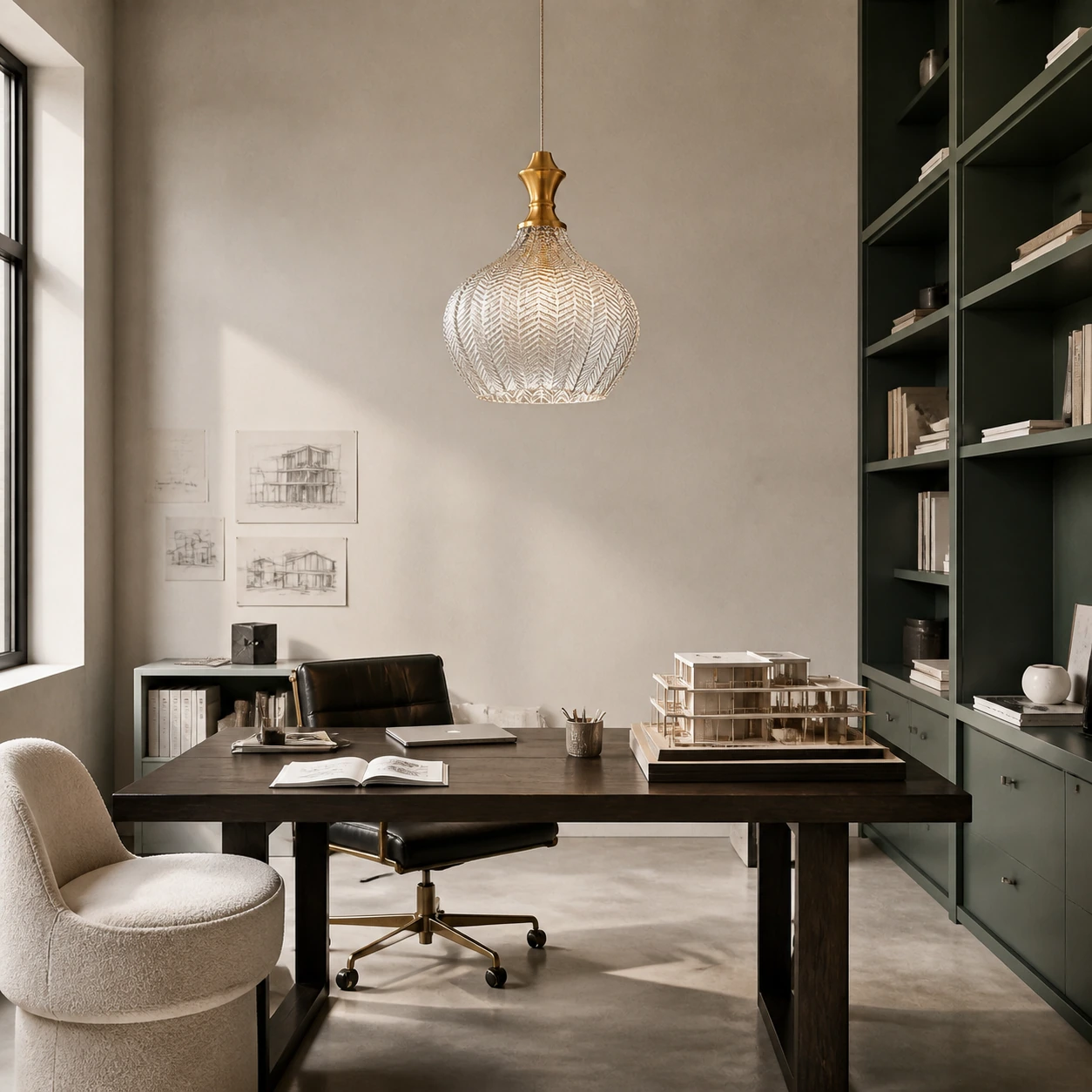 Benoit pendant light above a modern work desk