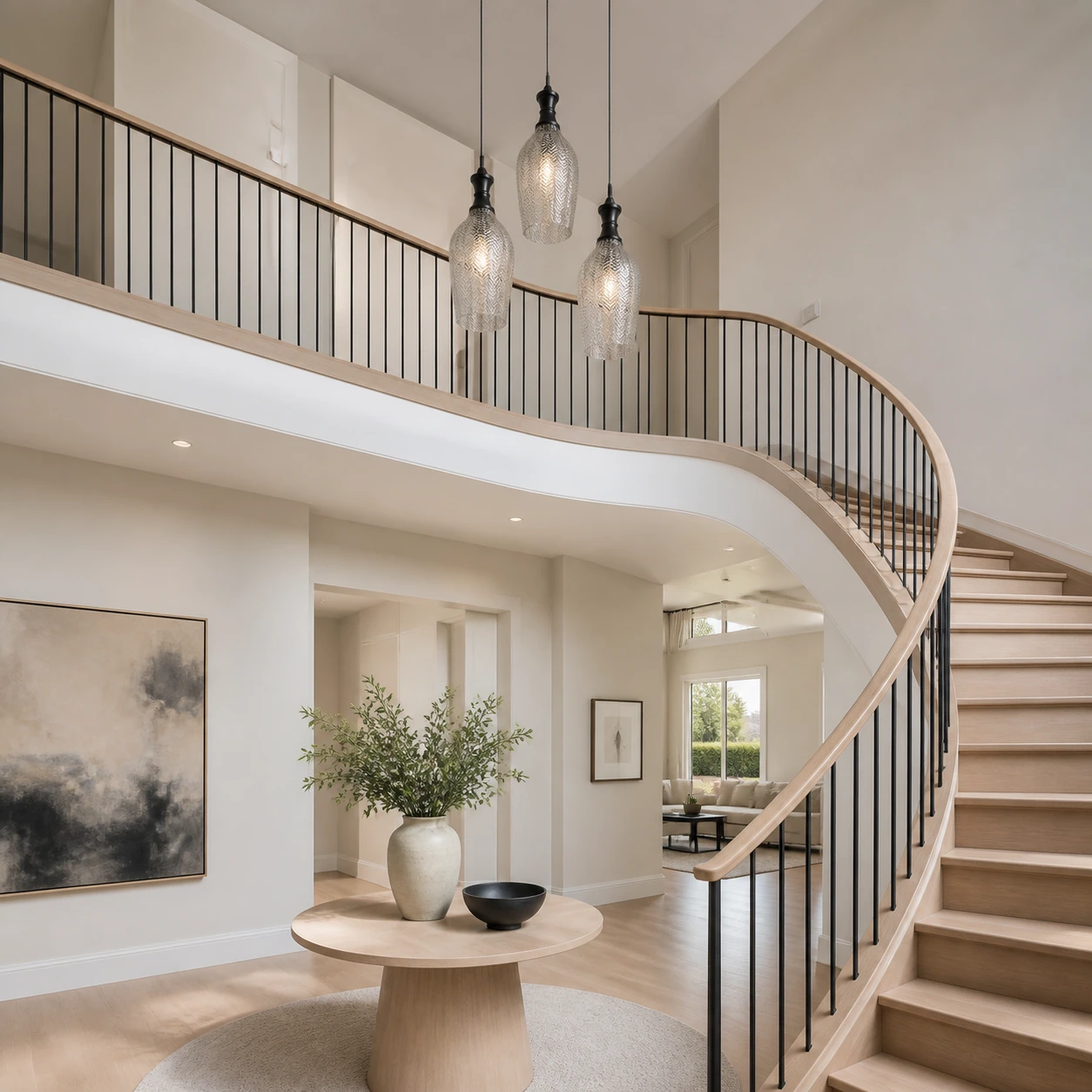 Benoit pendant lights in a double-height stair hall