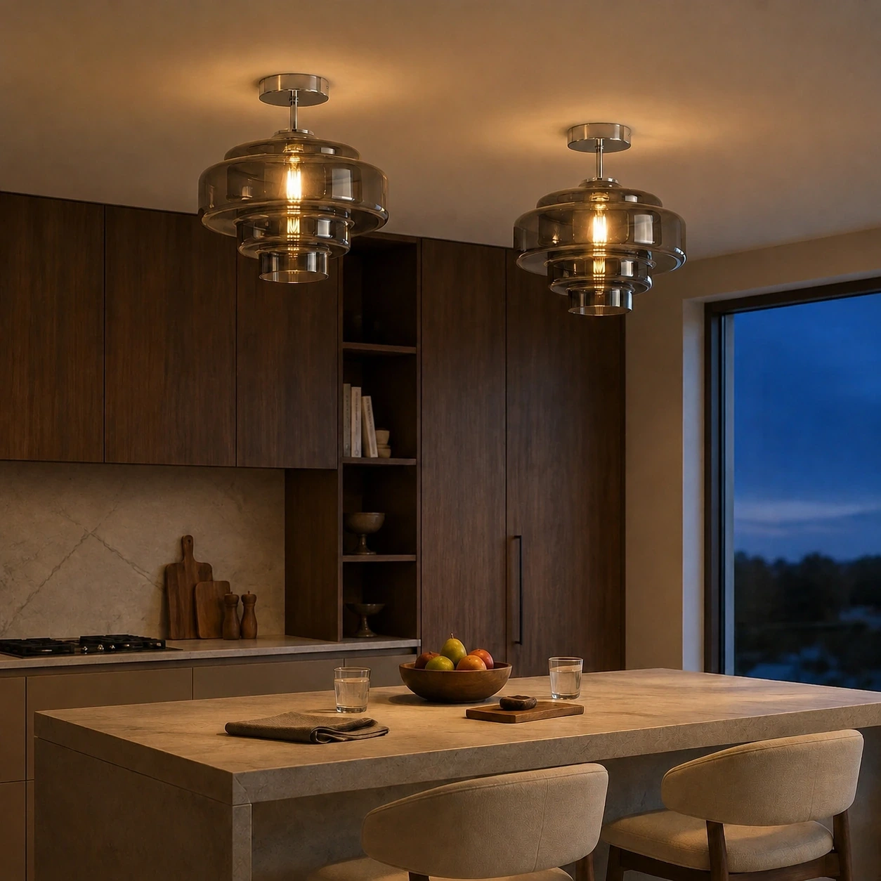 Two smoke grey glass Ivon ceiling lights above a blue-hour kitchen island