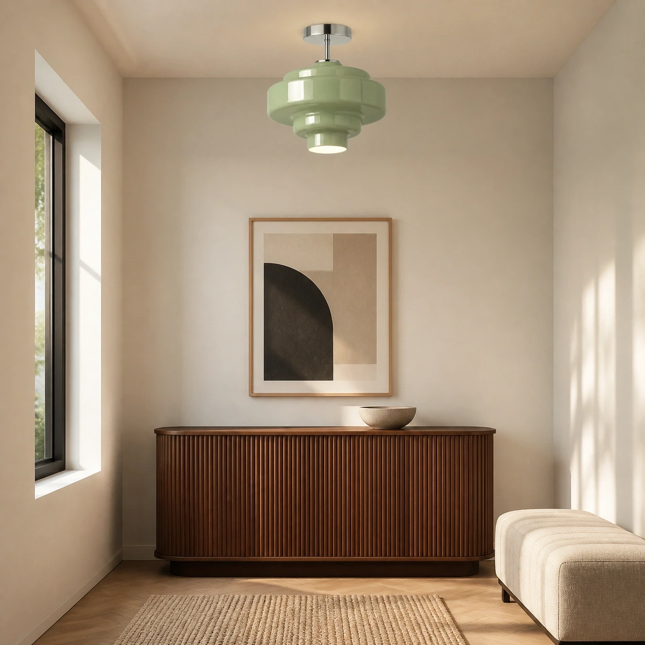 Sage green Ivon ceiling light above a modern entry console