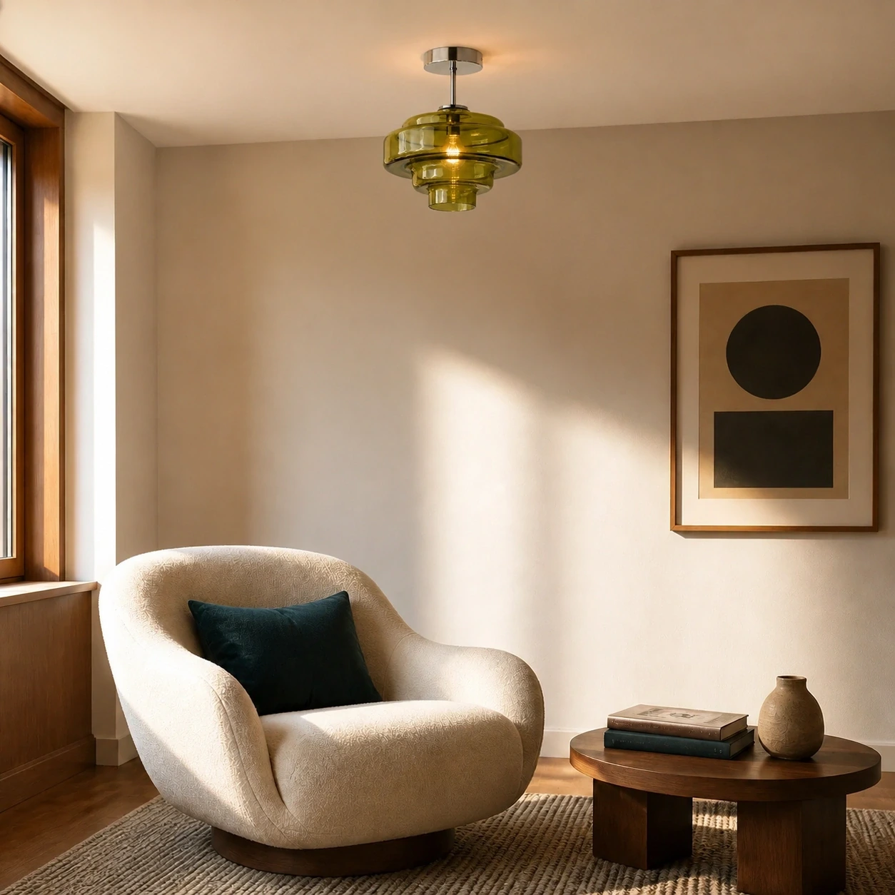 Realistically scaled green glass Ivon ceiling light in a sophisticated reading corner