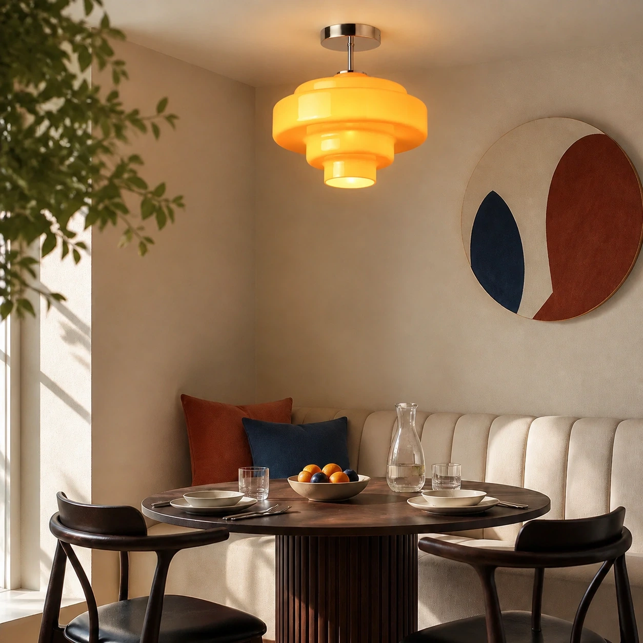 Evenly illuminated orange Ivon ceiling light above a contemporary breakfast table