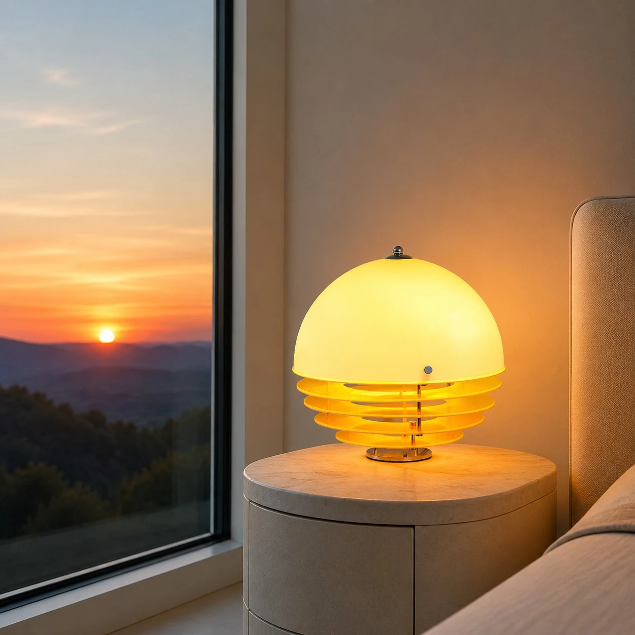 Harold lamp beside a window at sunset