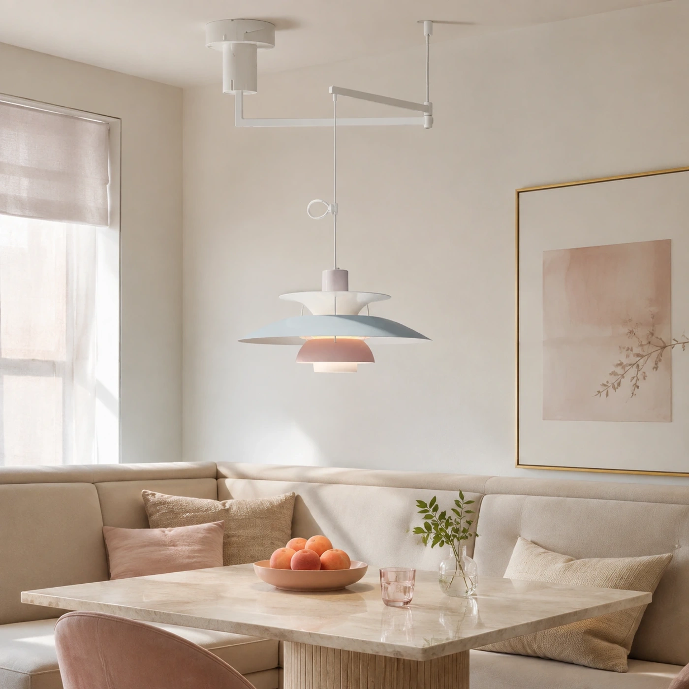 Gideon pendant lamp above a tailored banquette