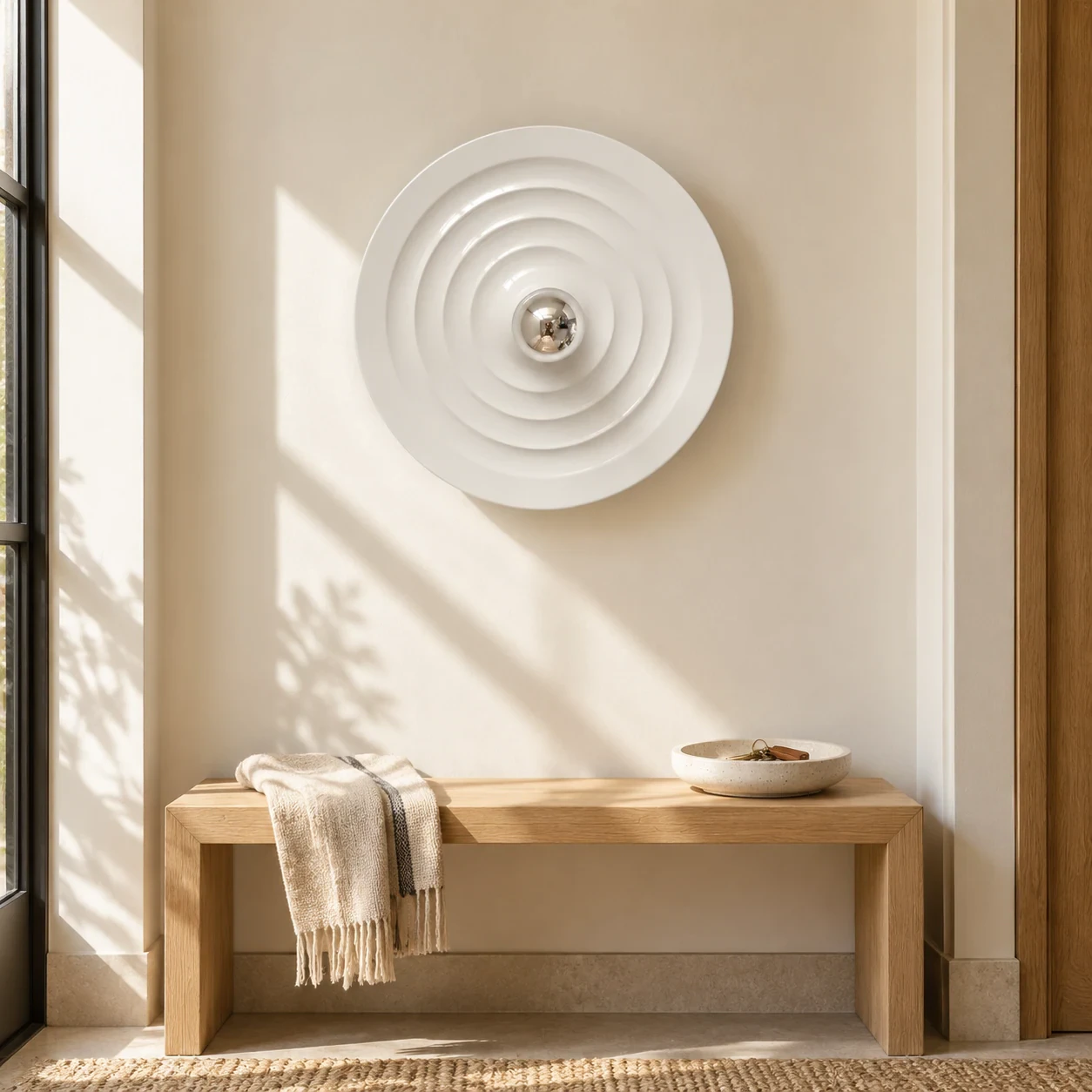 White Ripple Rupert disc wall sconce in a sunlit entry niche