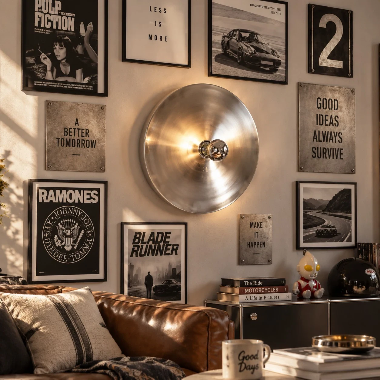 Chrome Rupert wall sconce used as a decorative accent within a curated gallery wall