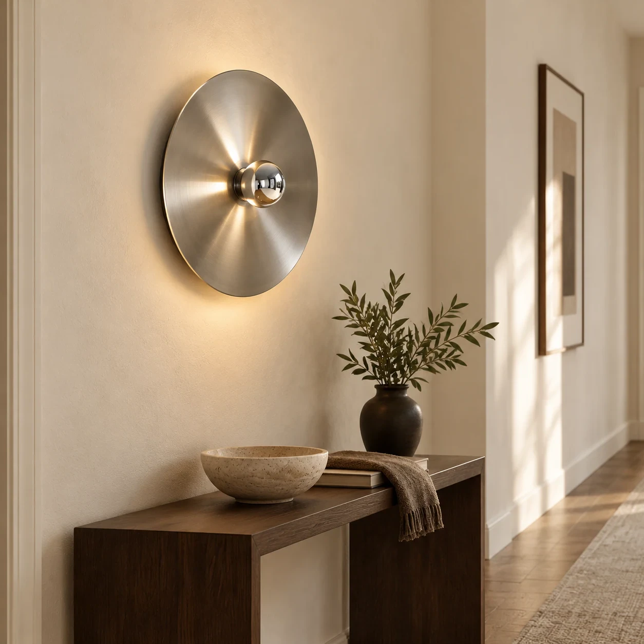 Chrome Rupert wall light above a hallway console
