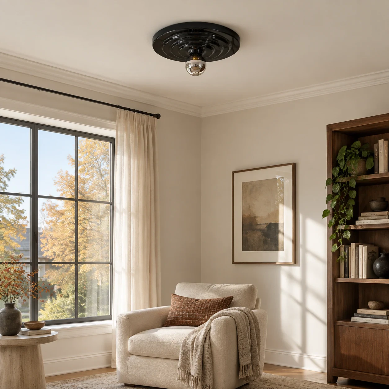Black Ripple Rupert disc fixture installed on a ceiling above a reading zone