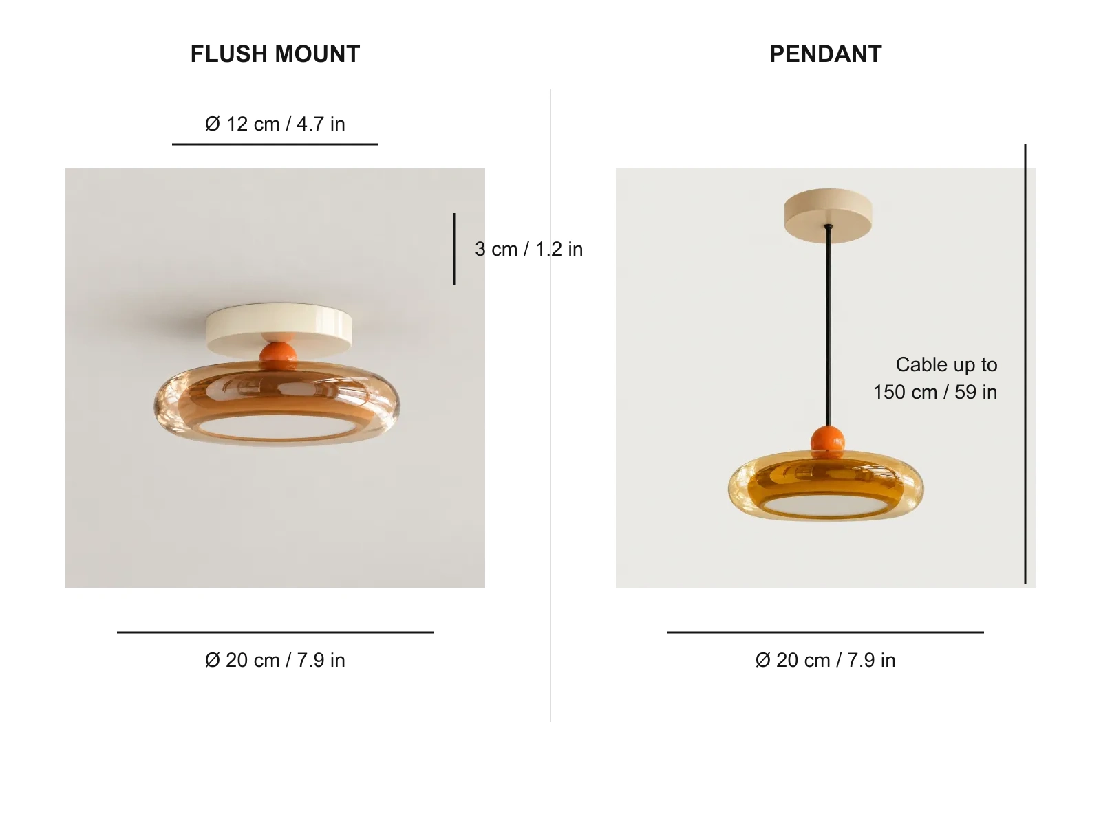 Prismya flush mount and pendant dimensions