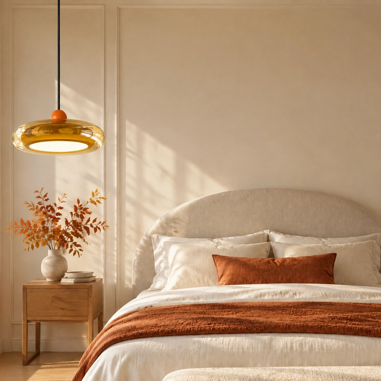 Amber Prismya pendant positioned above the bedside table