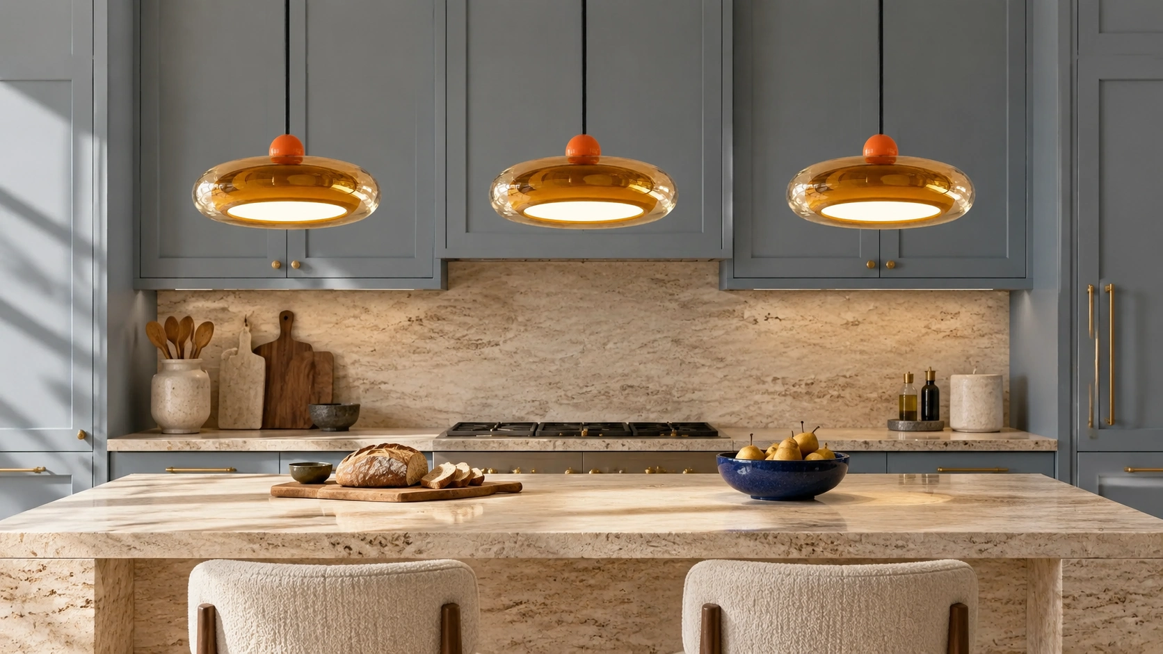 Three amber Prismya pendants above a modern kitchen island