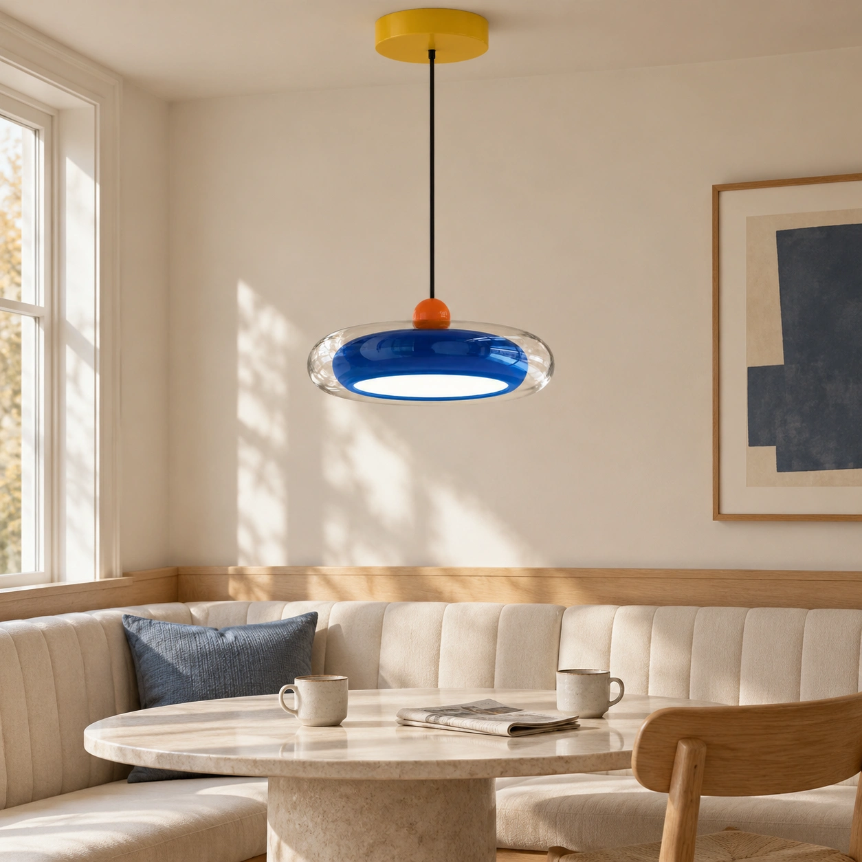 Single blue Prismya pendant above a coordinated banquette