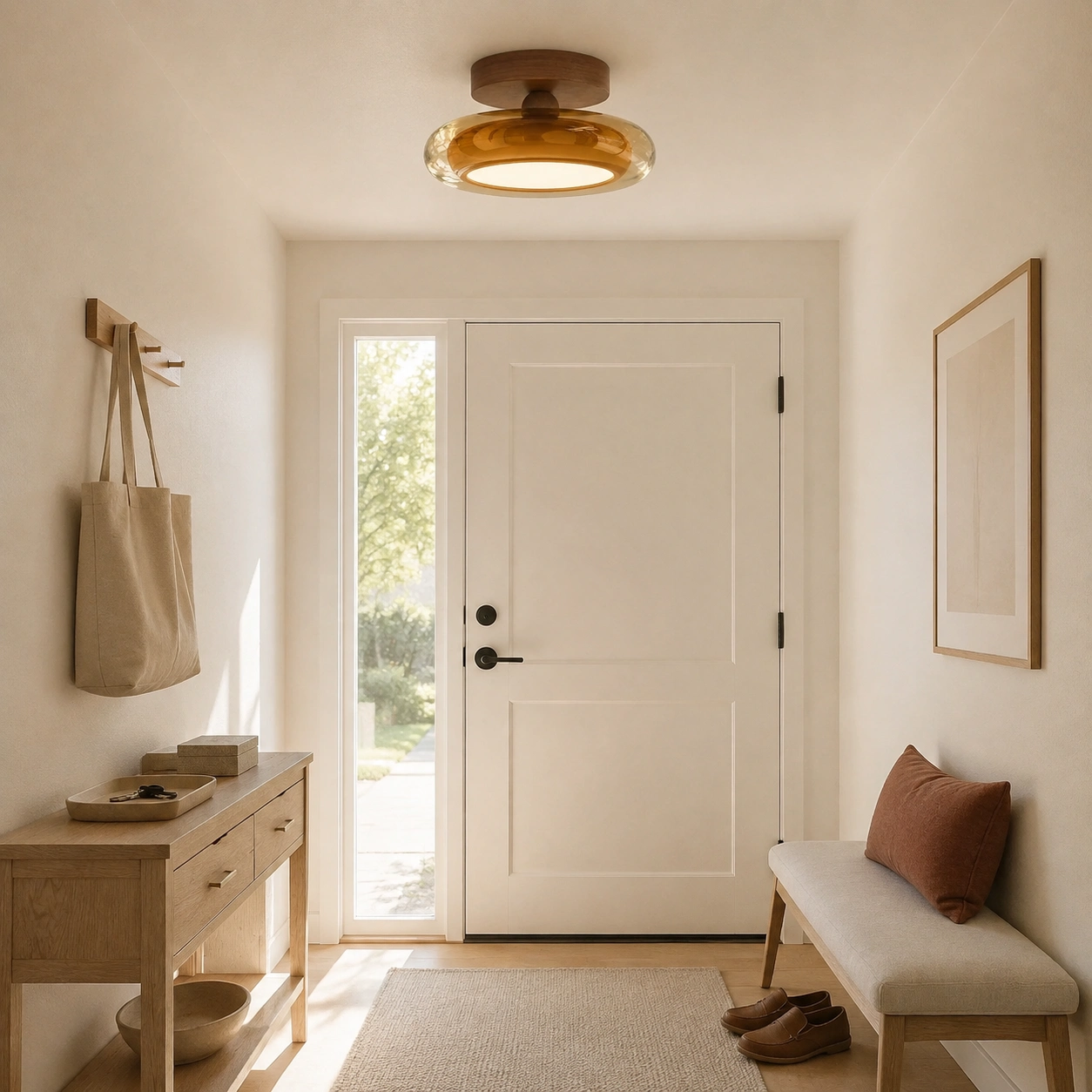 Amber Prismya flush mount in a lived-in home entryway