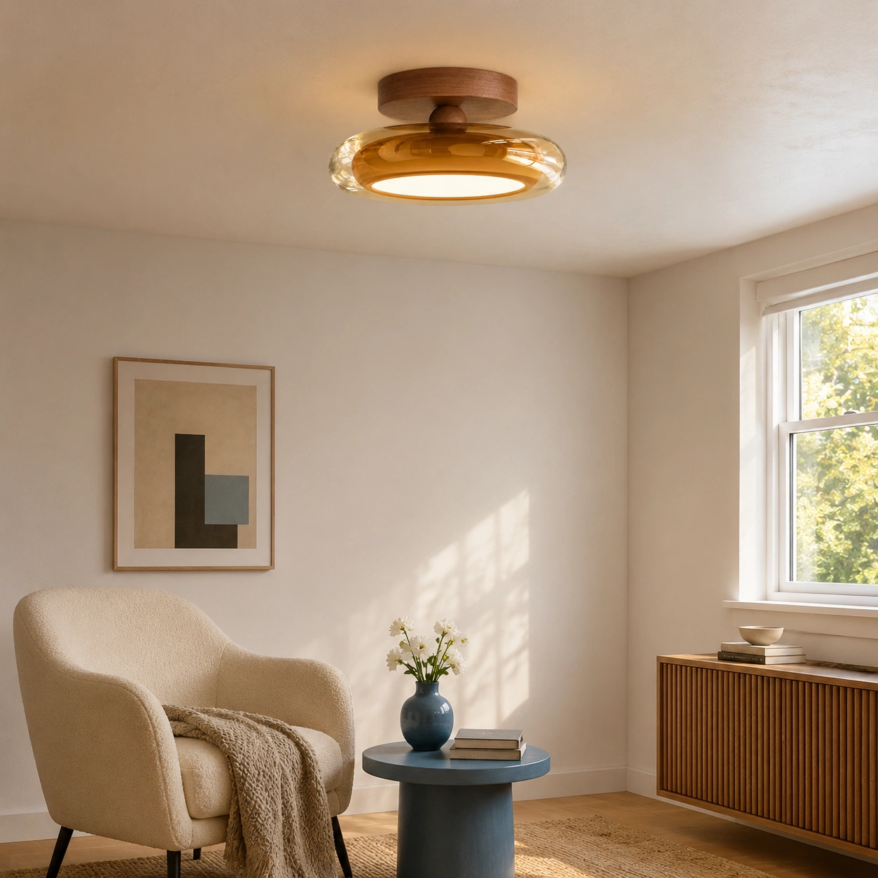 Amber Prismya flush mount over a modern reading corner