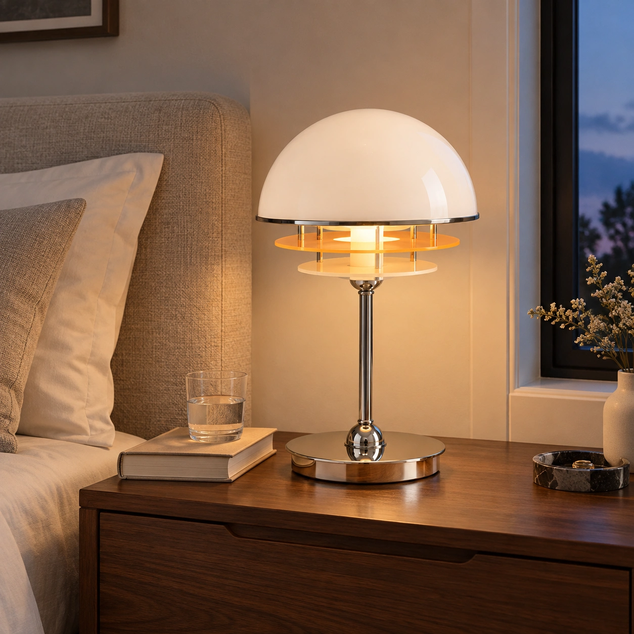 Harold table lamp glowing on a bedroom cabinet