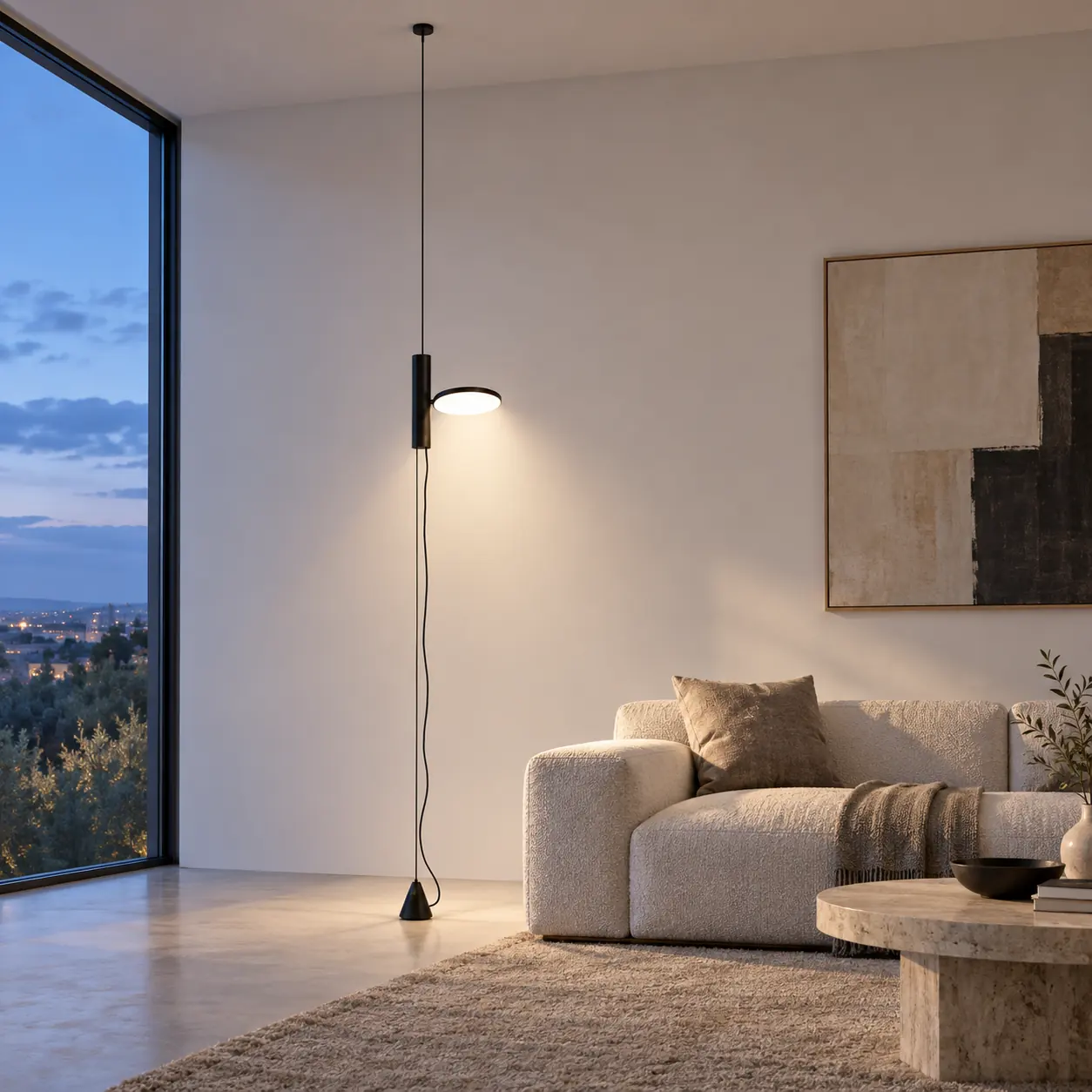 Dieter linear floor lamp in a blue hour living room