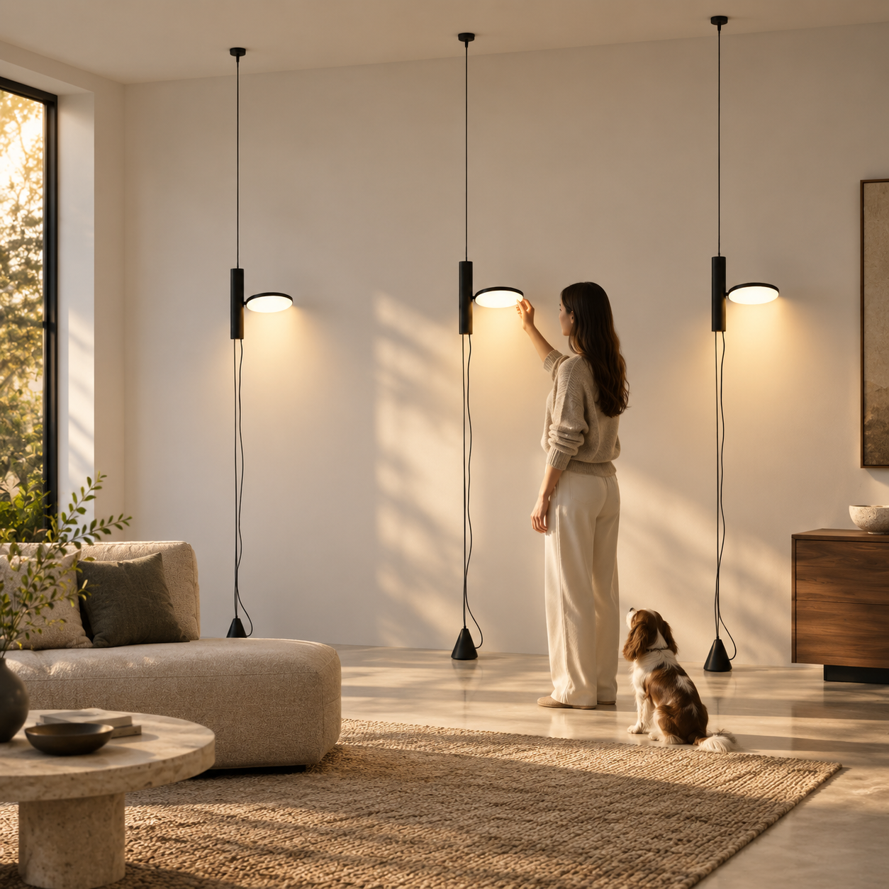 A woman and dog interacting with three Dieter lamps