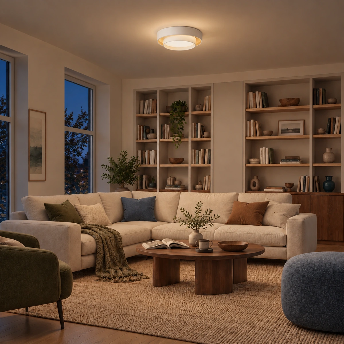 Same living room at night with light on