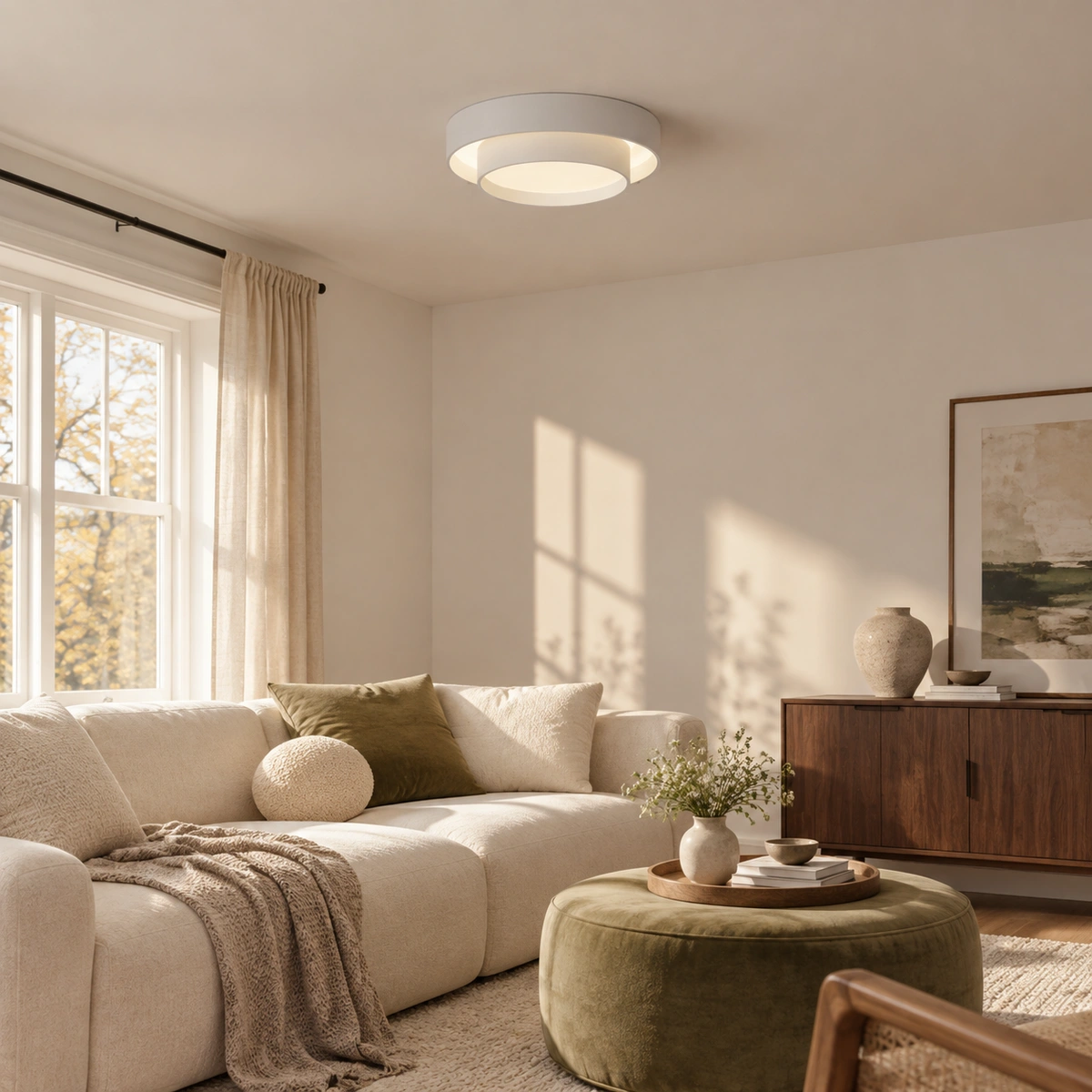 Low-profile ceiling light in a modern living room