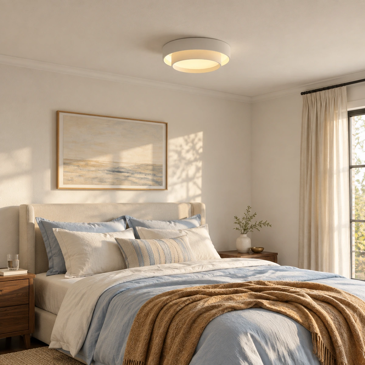 Ceiling light creating a warm-neutral bedroom atmosphere