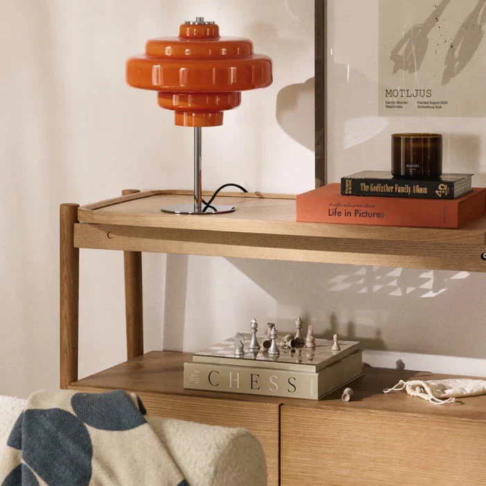 Odin adjustable disc ceiling light centered in a warm modern luxury room