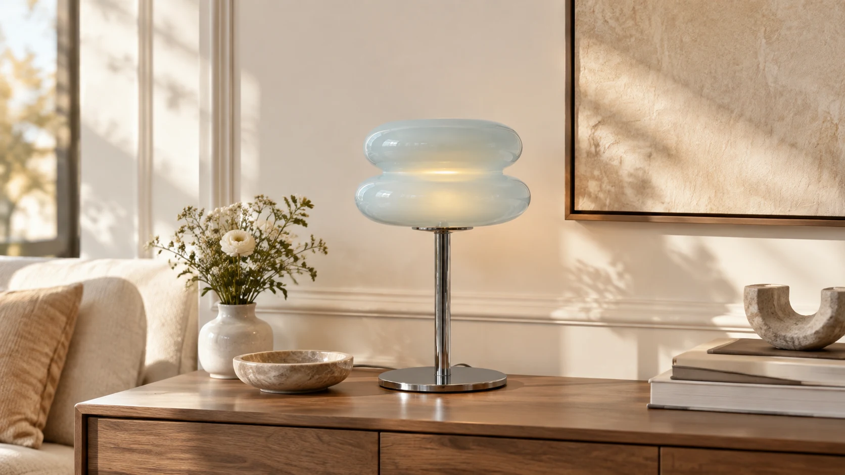 Light blue Lollipop table lamp on a sideboard